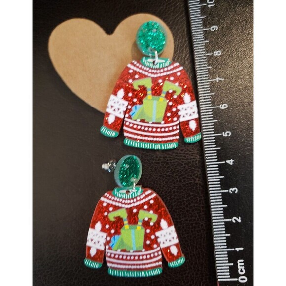 Unbranded Jewelry - Red Ugly Christmas Sweater Earrings Upside Down Green Elf Grinch